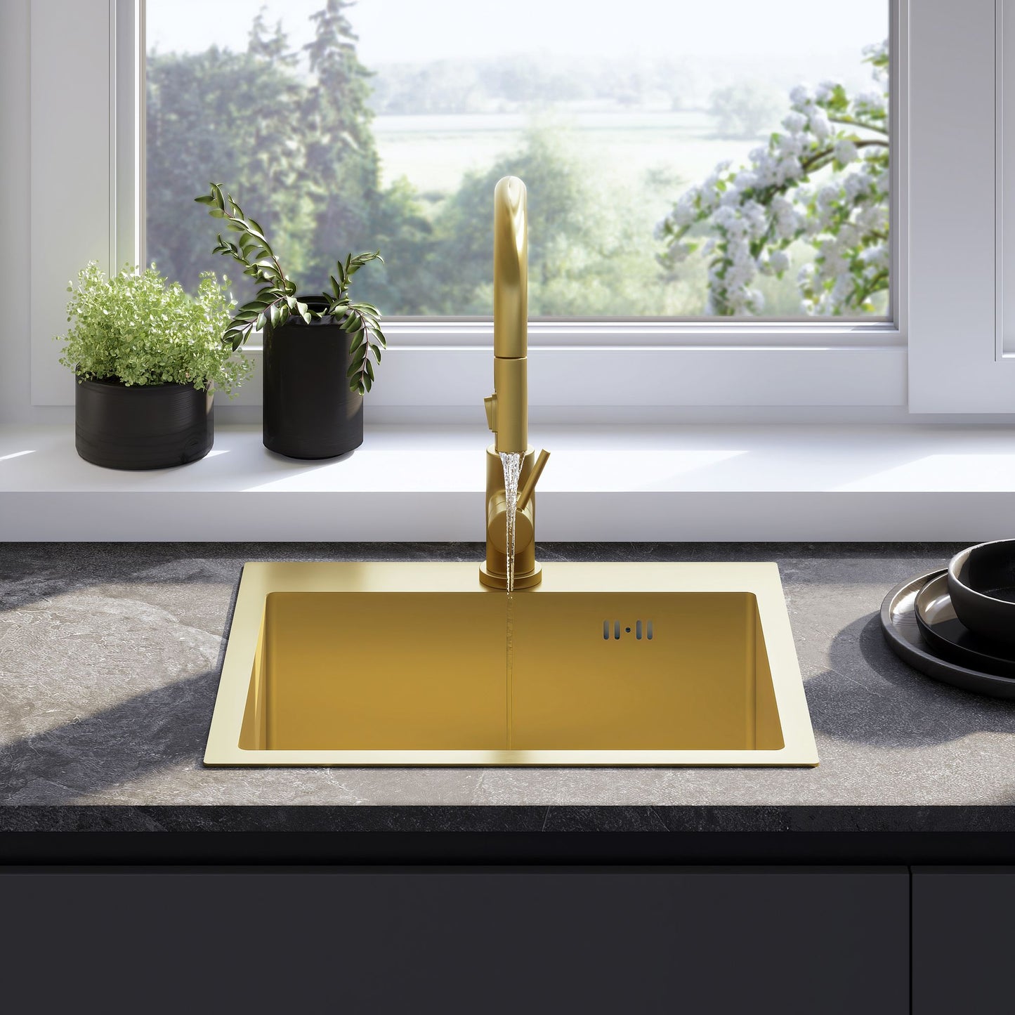 Edelstahlspüle Leo 50 BRUSH GOLD mit Küchenarmatur 4