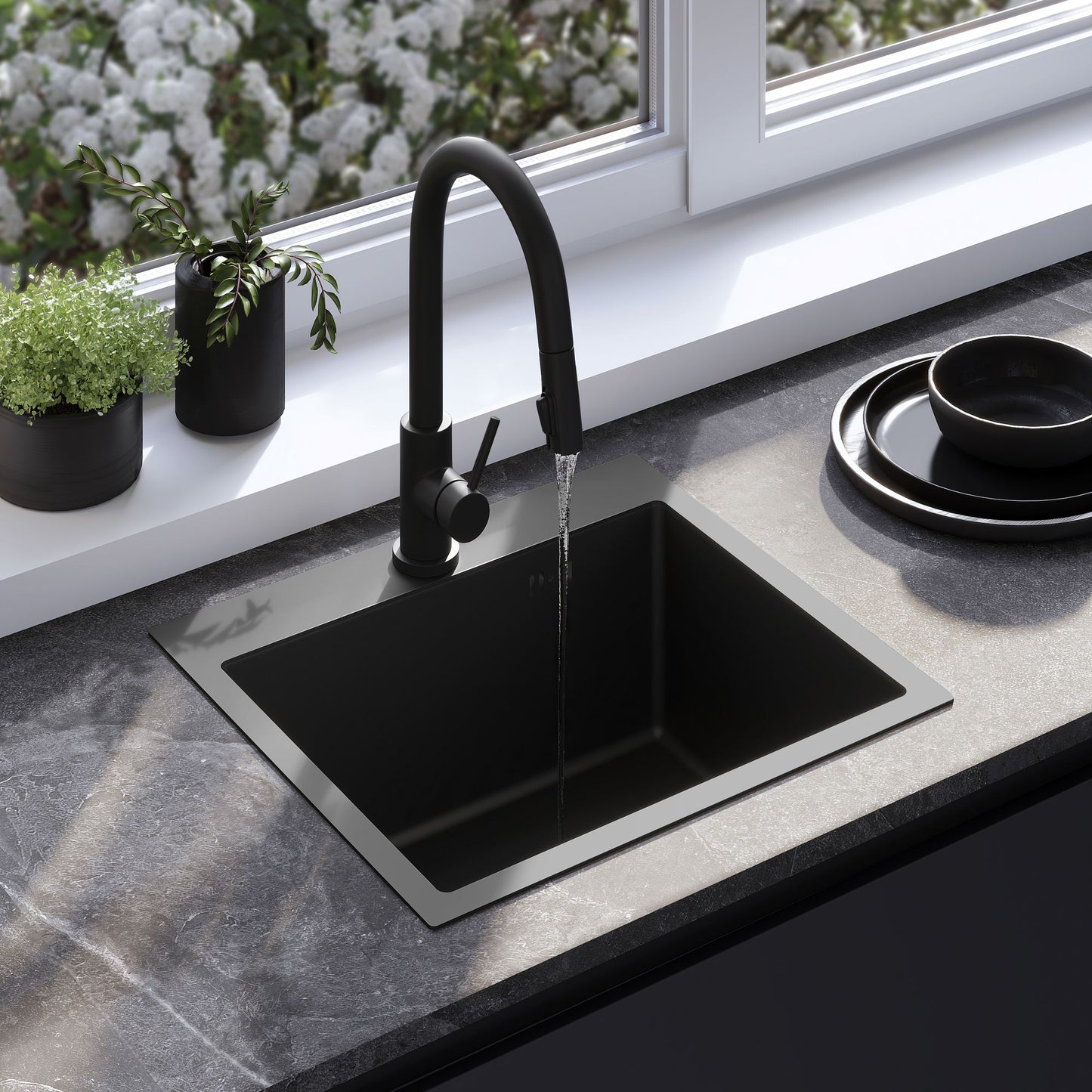 Edelstahlspüle Leo 50 Black mit Küchenarmatur 1
