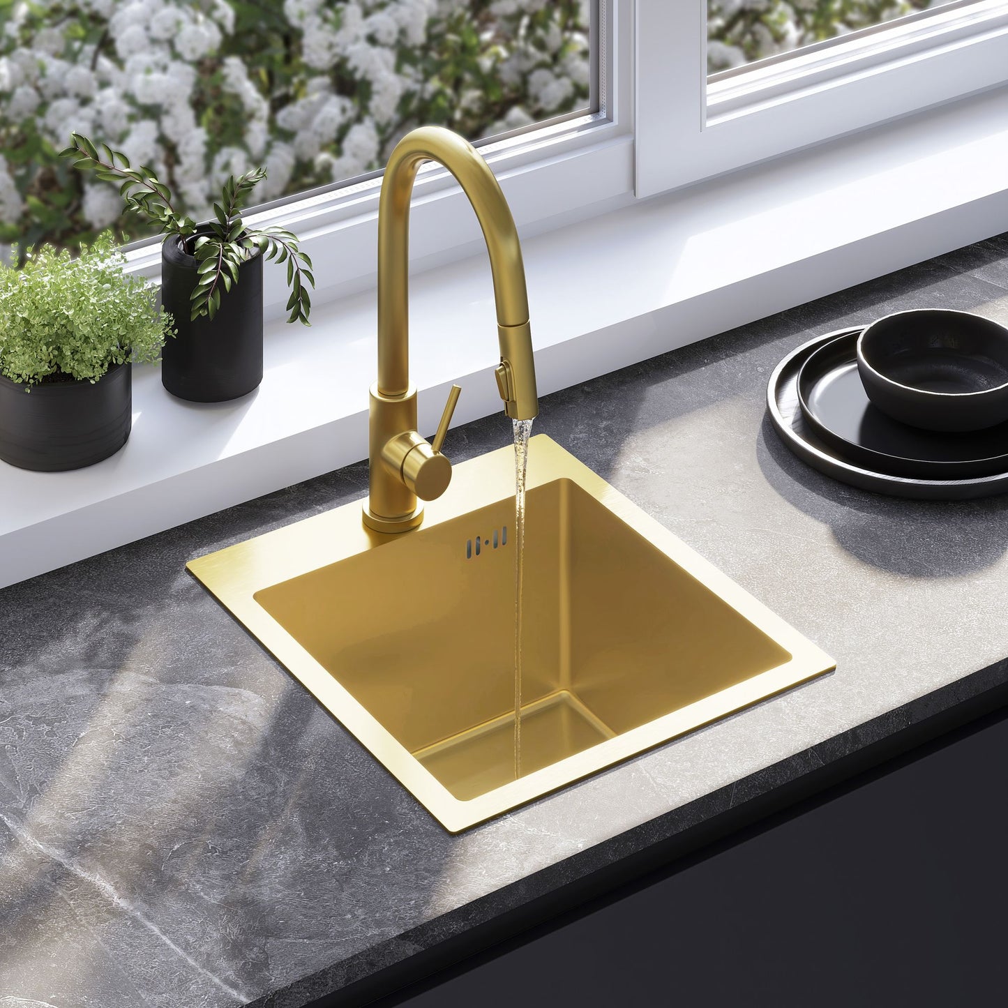 Edelstahlspüle Leo 40 BRUSH GOLD mit Küchenarmatur 1