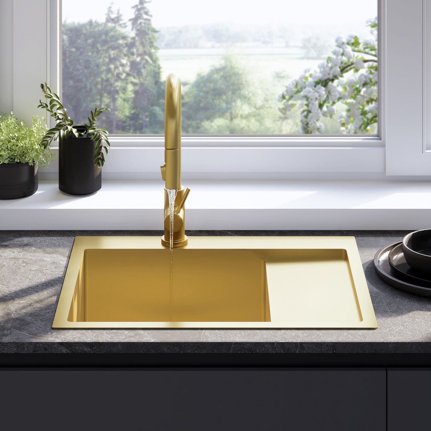 Edelstahlspüle Fin BRUSH GOLD mit Küchenarmatur 4