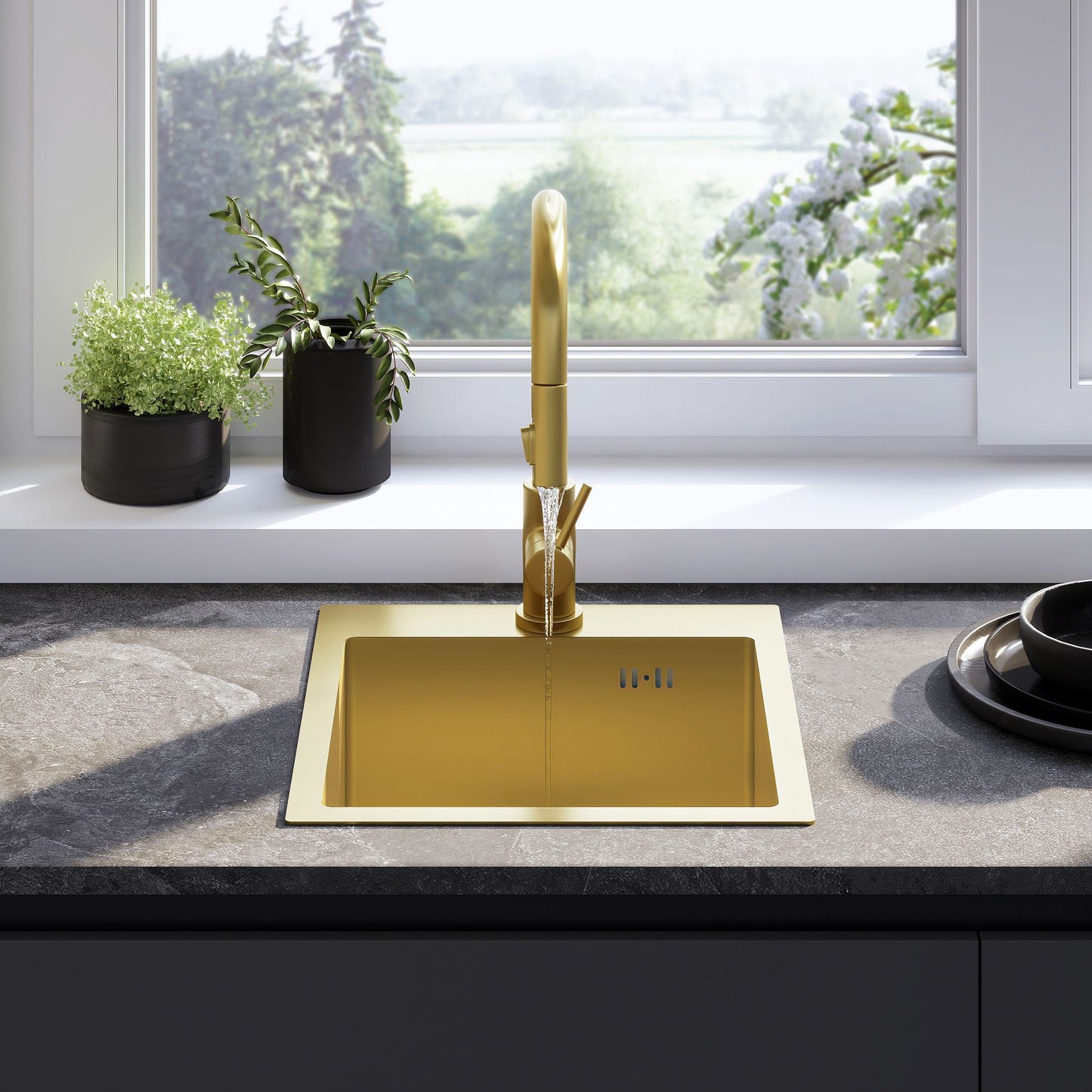Edelstahlspüle Leo 40 BRUSH GOLD mit Küchenarmatur 3