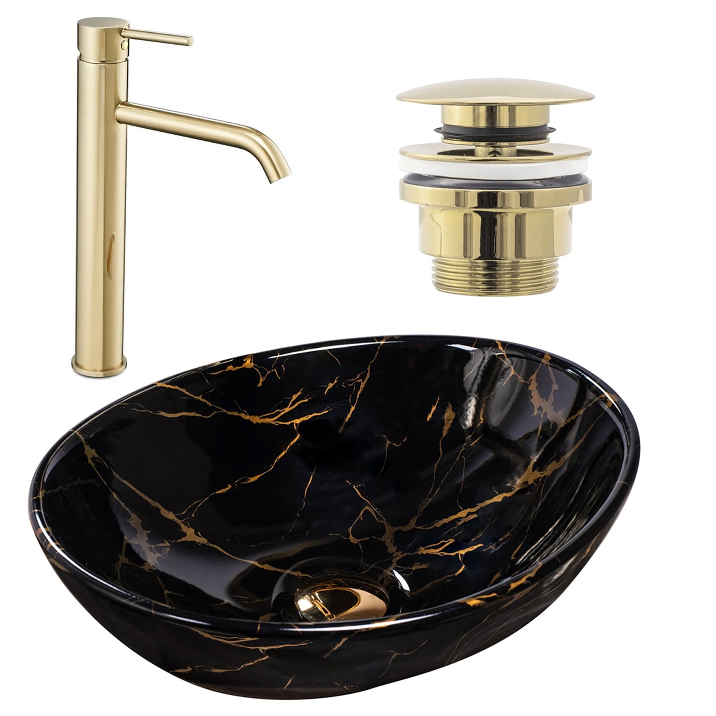 Set Aufsatzwaschbecken Sofia marble black + Waschbeckenarmatur Lungo gold + Stöpsel gold 1