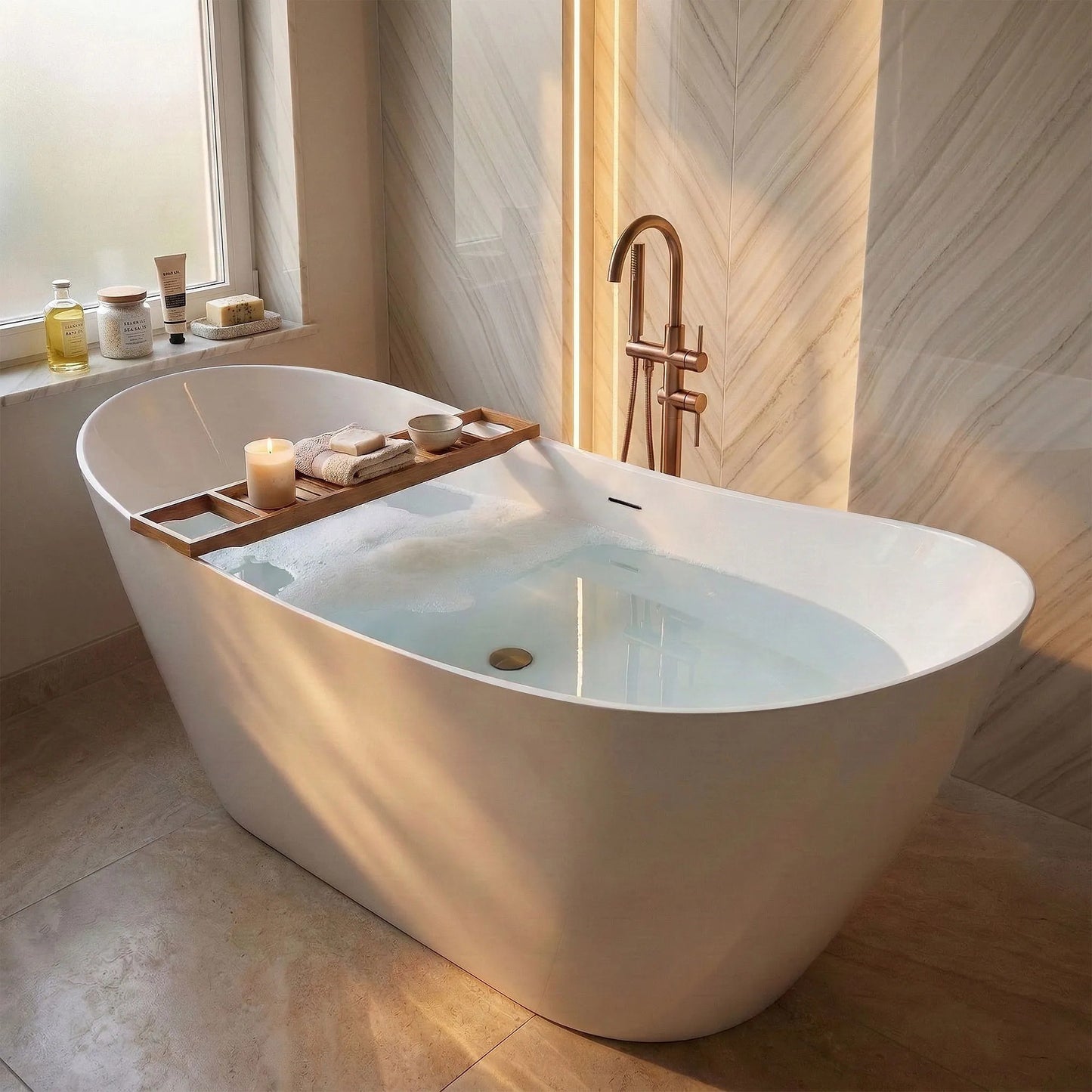 Freistehende Badewanne Rea Ferrano Slim 150 Gebürstete Gold Stöpselabdeckung 10