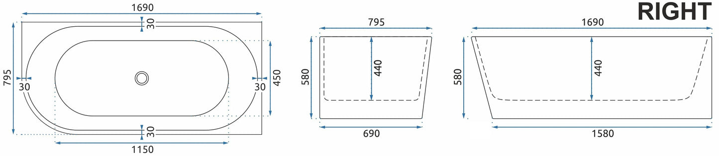 Acryl Eckbadewanne SYDNEY BELLANTO RIGHT 170cm Schwarze Stöpselabdeckung 10