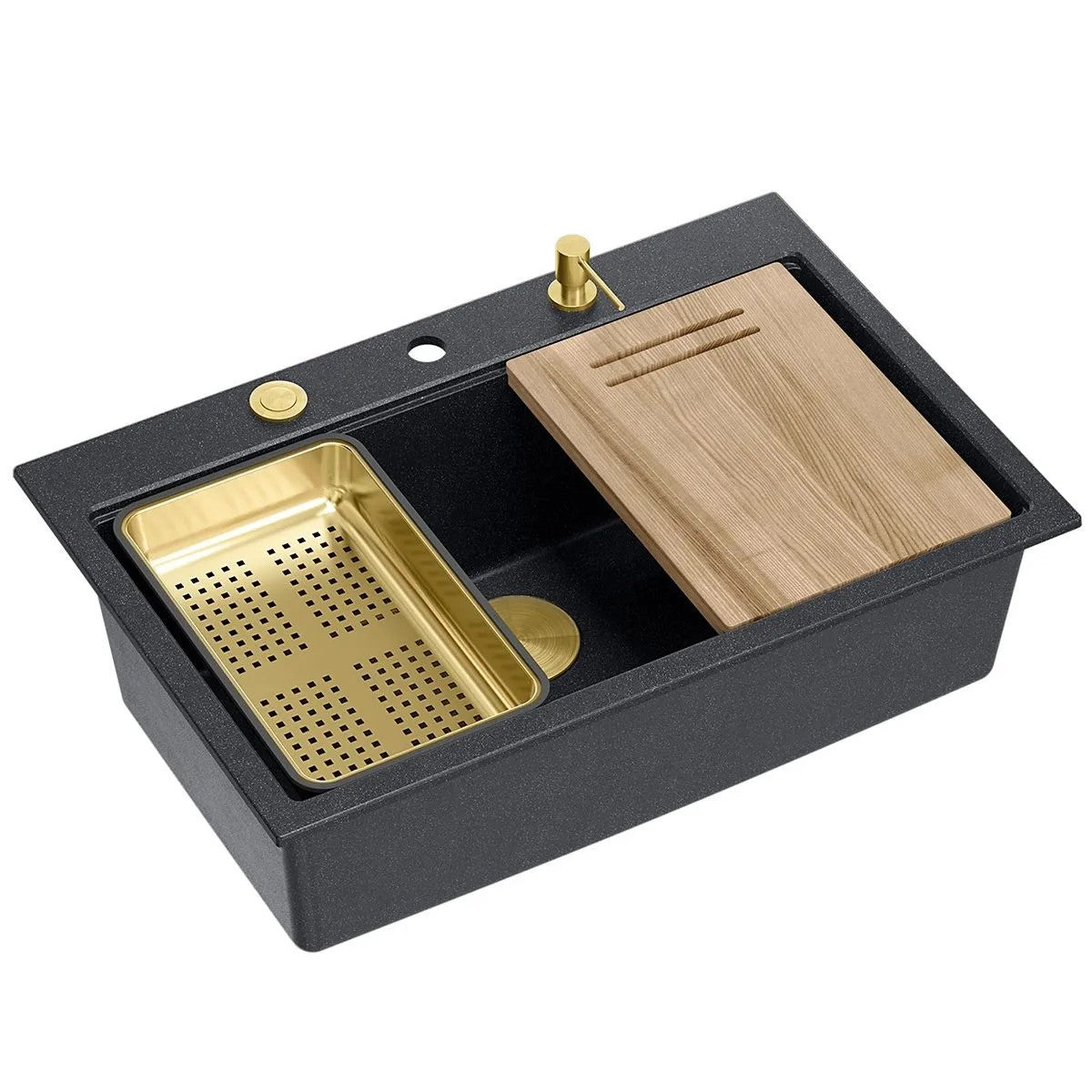 Granitspülbecken MARC 110 WORKSTATION Black Metallic Stöpsel Gold 11