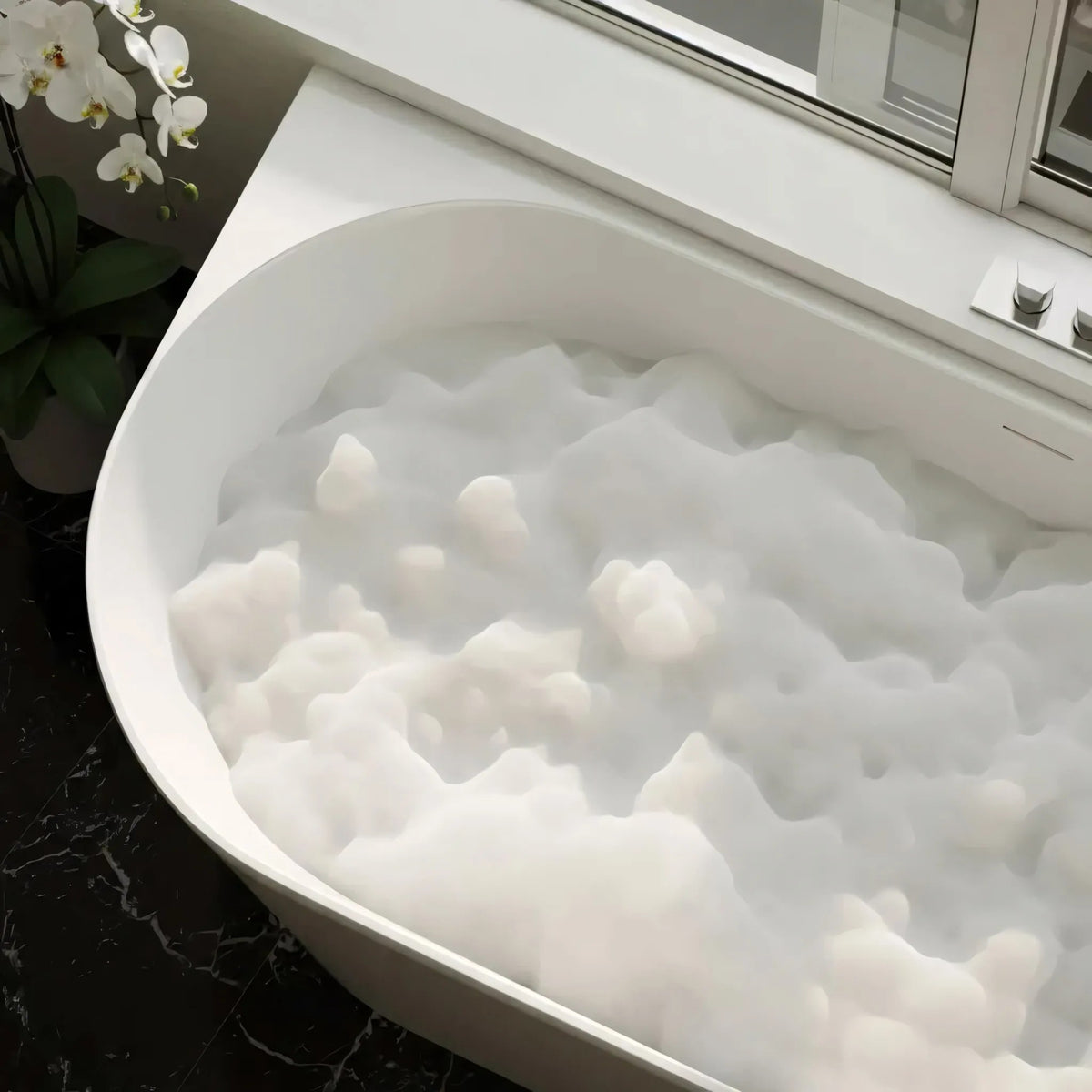 Eckbadewanne Aus Acryl REA Bellanto Slim 150 Right Schwarze Stöpselabdeckung 11