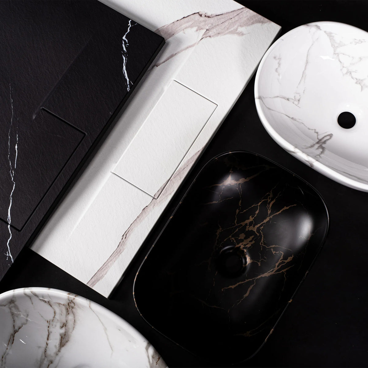Set Aufsatzwaschbecken Sofia Marble Black + Waschbeckenarmatur Lungo Gold + Stöpsel Gold 12