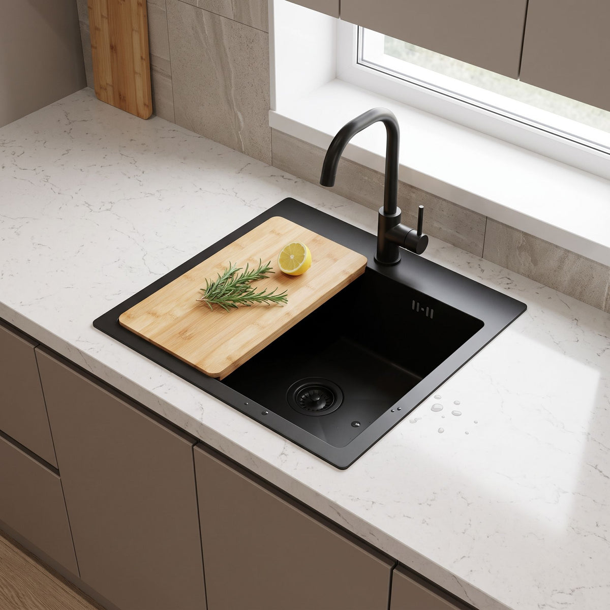 Stahlspüle Mit 3-teiligem Zubehörset REA Leo 40 Black Beige Accessoires 6