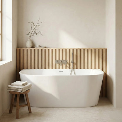 Acryl Wandmontage Badewanne CAPRI SLIM 150cm Gebürstete Gold Stöpselabdeckung 1