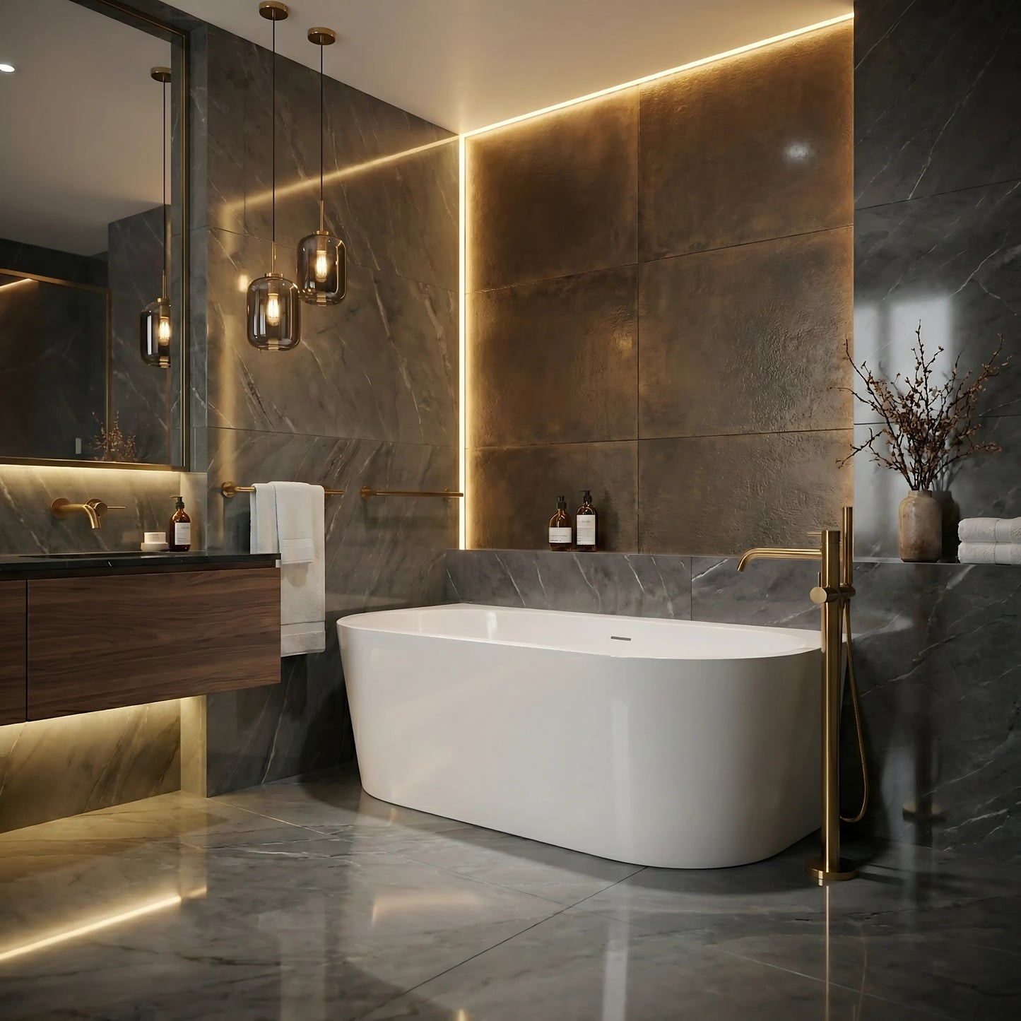 Acryl Wandmontage Badewanne OLIMPIA 150 cm Gebürstete Kupfer Stöpselabdeckung 1