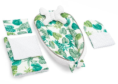 Baby Nestschen Matratze,Kissen,Decke 5in1 Jungle Leaves Green 1