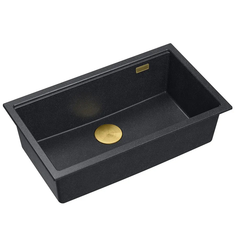Granitspülbecken Logan 110 Black Metallic Stöpsel Gebürsteter Kupfer 1