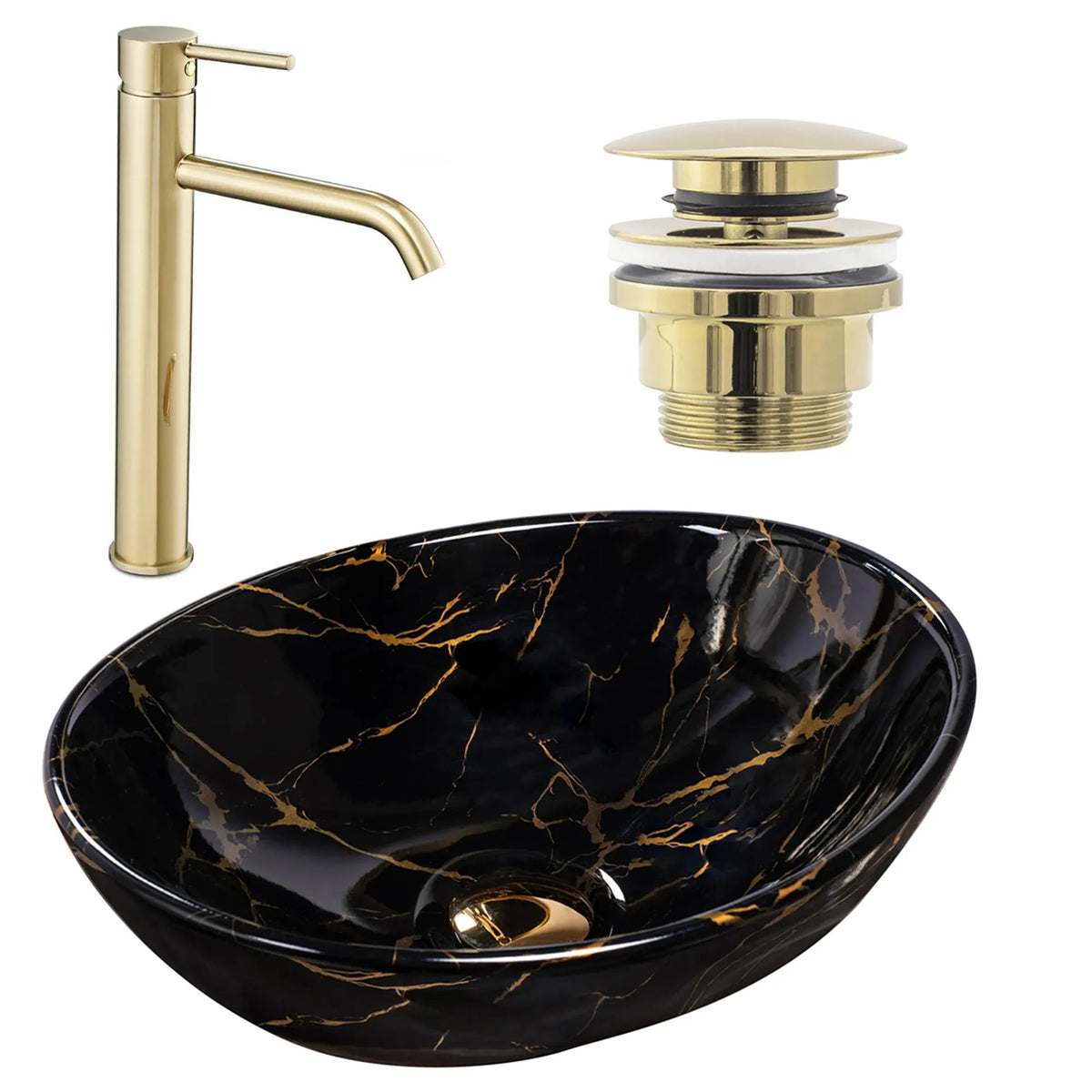 Set Aufsatzwaschbecken Sofia Marble Black + Waschbeckenarmatur Lungo Gold + Stöpsel Gold 1