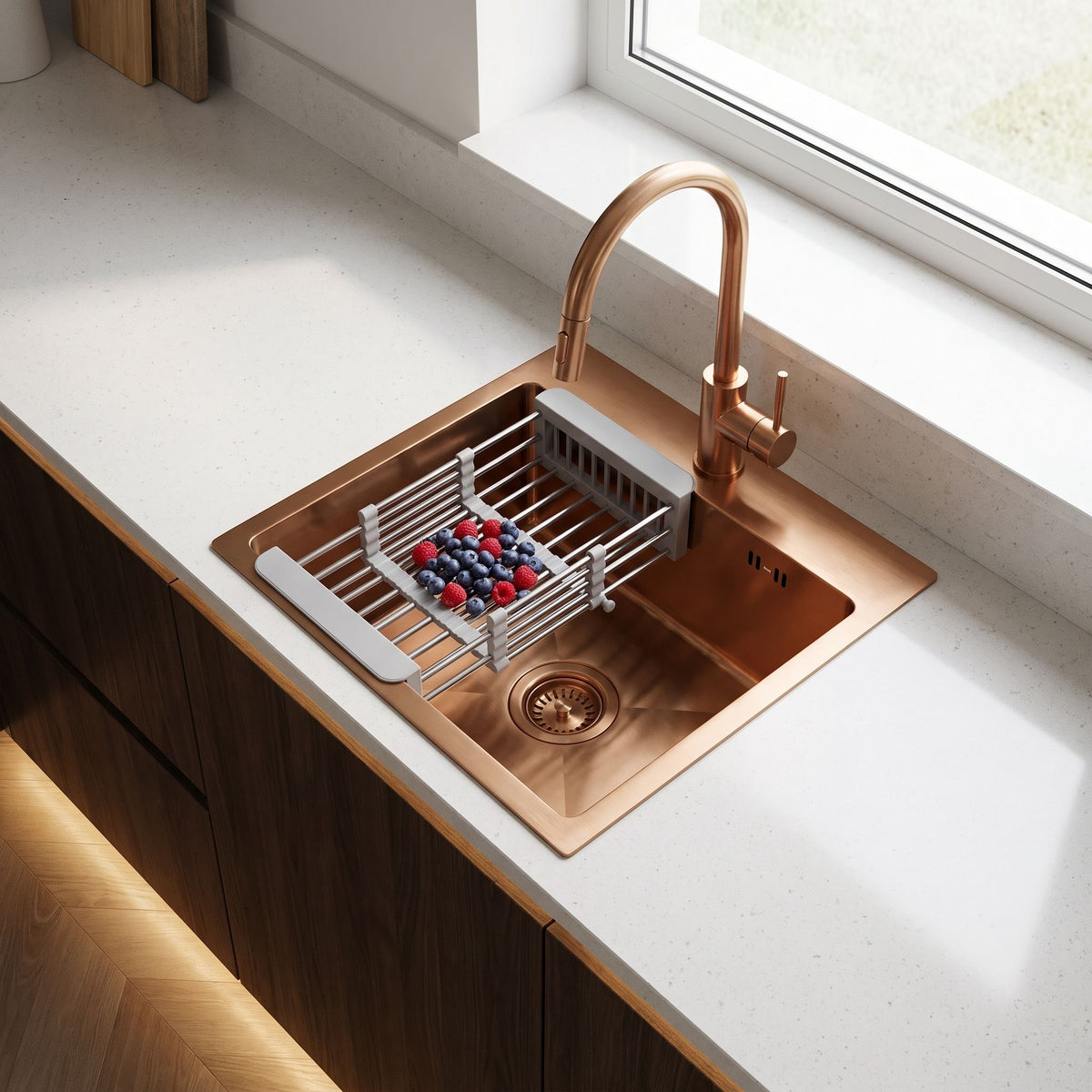 Stahlspüle Mit 3-teiligem Zubehörset REA Leo 40 Brush Copper Graue Accessoires 7