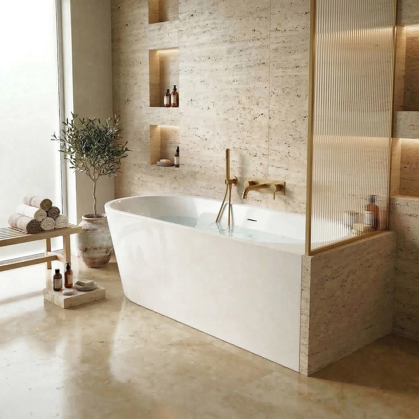 Acryl Eckbadewanne SYDNEY BELLANTO RIGHT 160cm Gebürstete Gold Stöpselabdeckung 2