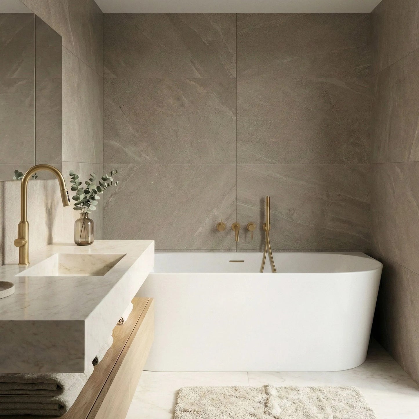 Acryl Wandmontage Badewanne CAPRI SLIM 170cm Gebürstete Gold Stöpselabdeckung 2