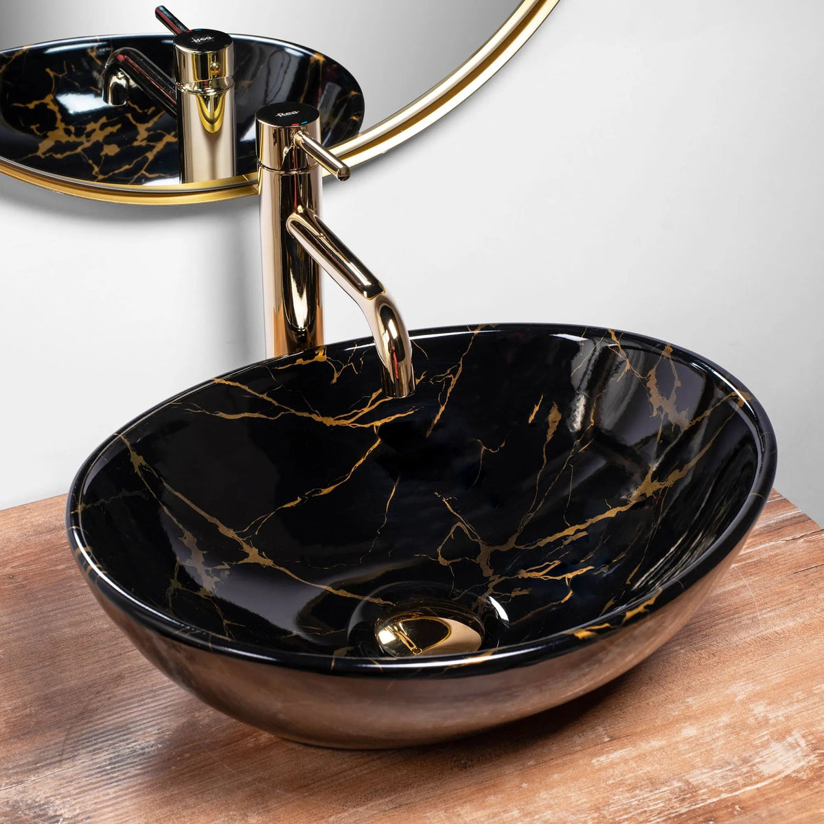 Set Aufsatzwaschbecken Sofia Marble Black + Waschbeckenarmatur Lungo Gold + Stöpsel Gold 2
