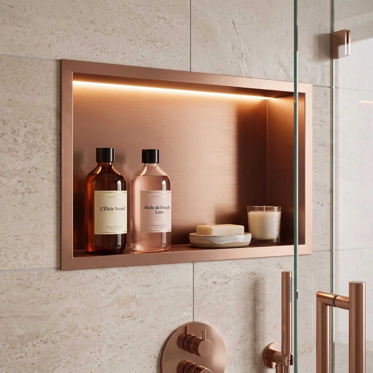 WANDEINBAU-BADEZIMMERREGAL LED 30x45 Brush Copper 2
