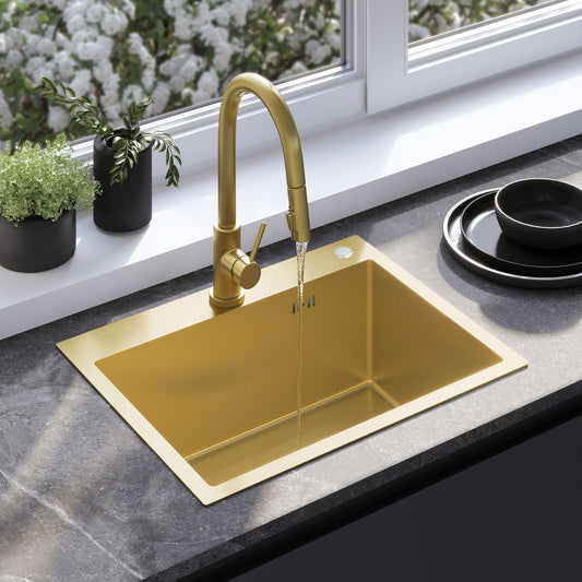 Edelstahlspüle Liam BRUSH GOLD mit Küchenarmatur 1