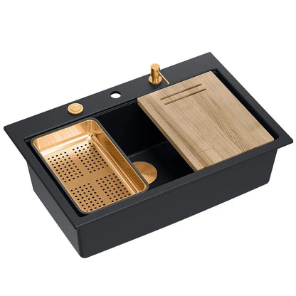 Granitspülbecken MARC 110 WORKSTATION Black Stöpsel Gold 3