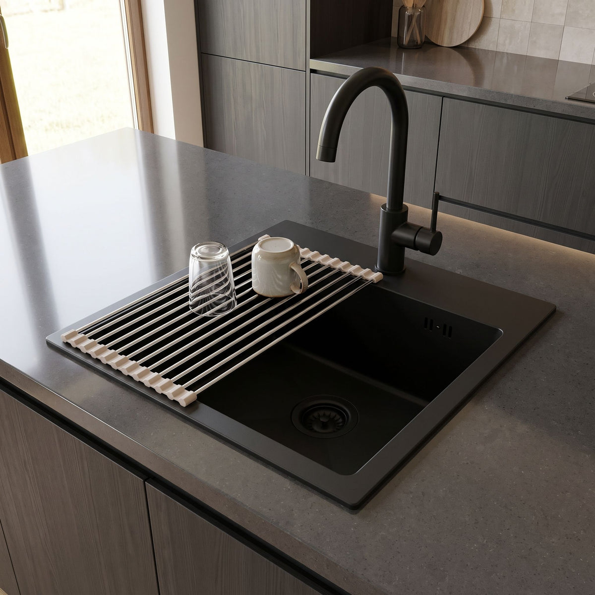 Stahlspüle Mit 3-teiligem Zubehörset REA Leo 40 Black Beige Accessoires 10