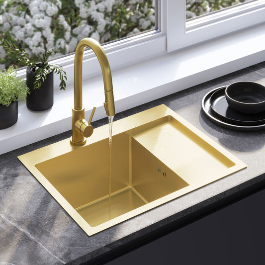 Edelstahlspüle Fin BRUSH GOLD mit Küchenarmatur 1