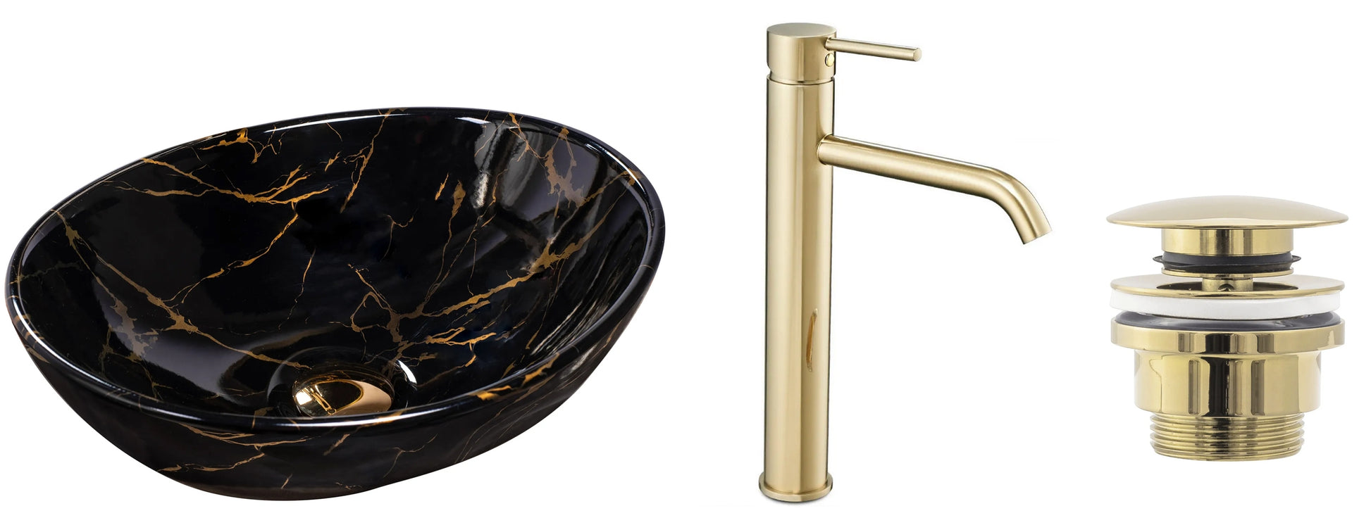 Set Aufsatzwaschbecken Sofia marble black + Waschbeckenarmatur Lungo gold + Stöpsel gold  9