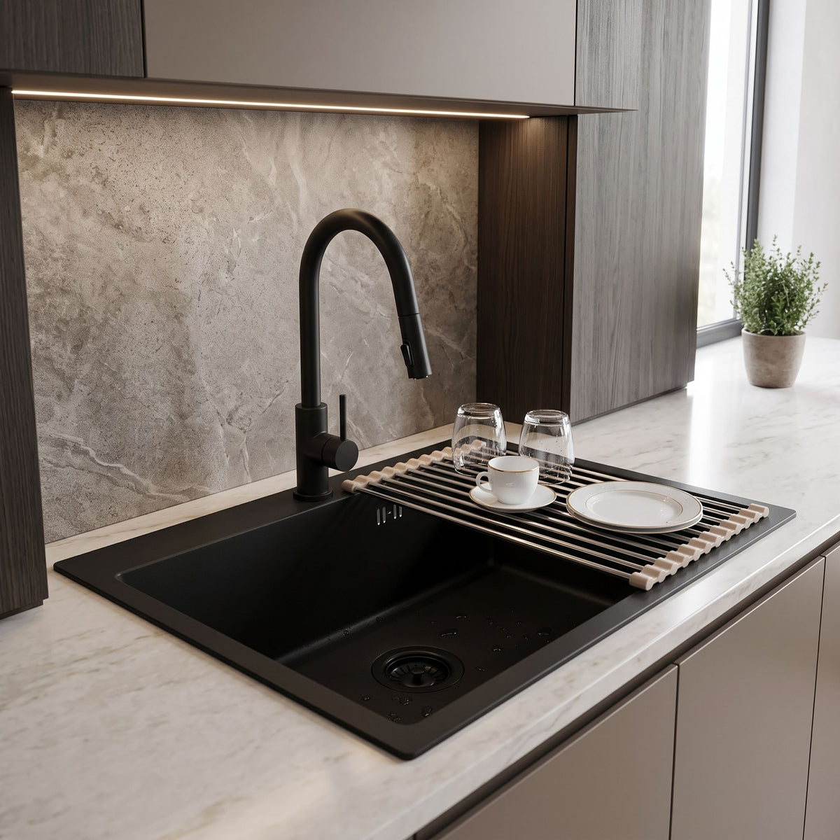 Stahlspüle Mit 3-teiligem Zubehörset REA Leo 50 Black Beige Accessoires 6