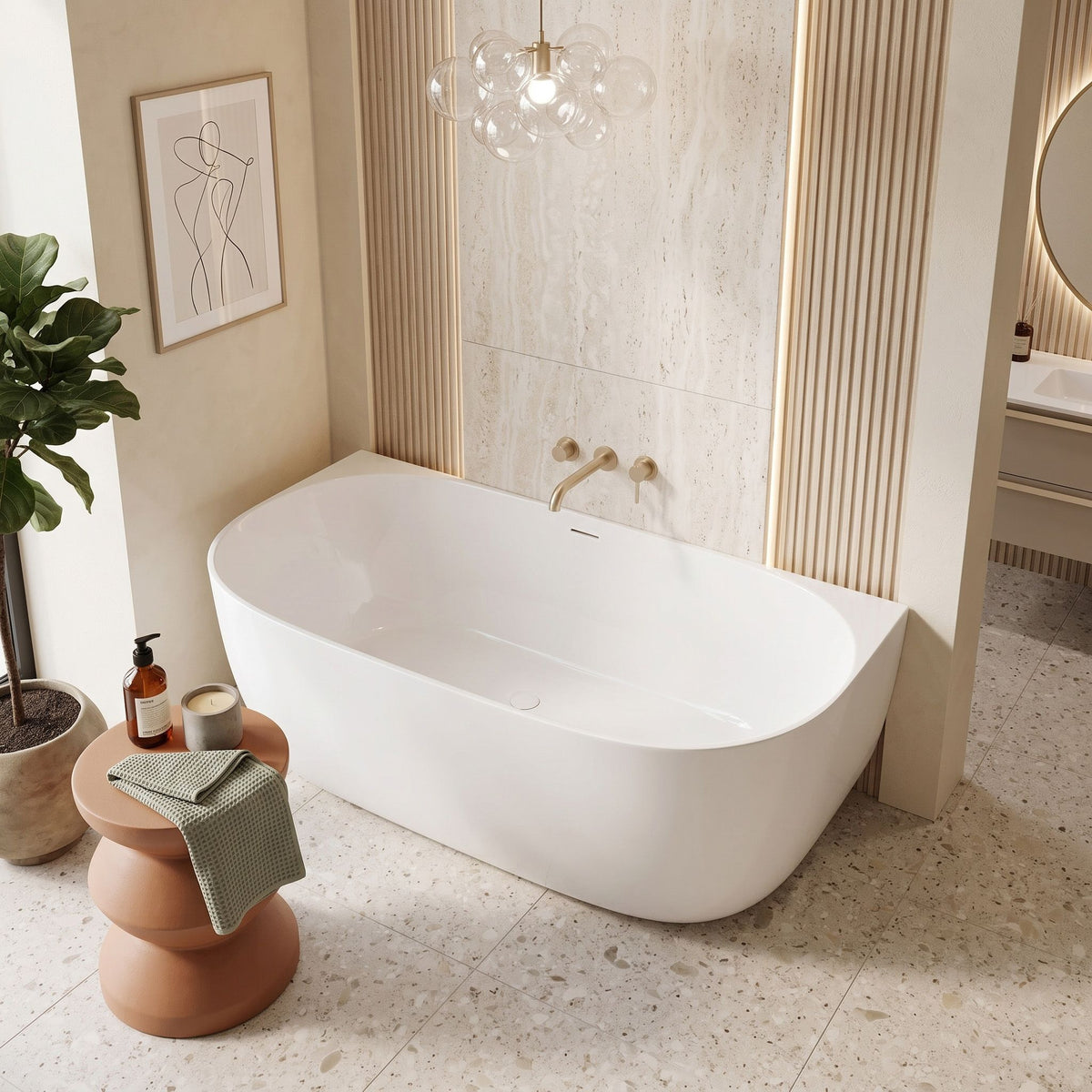 Acryl Wandmontage Badewanne Rea Eris 170cm Weiße Stöpselabdeckung 1