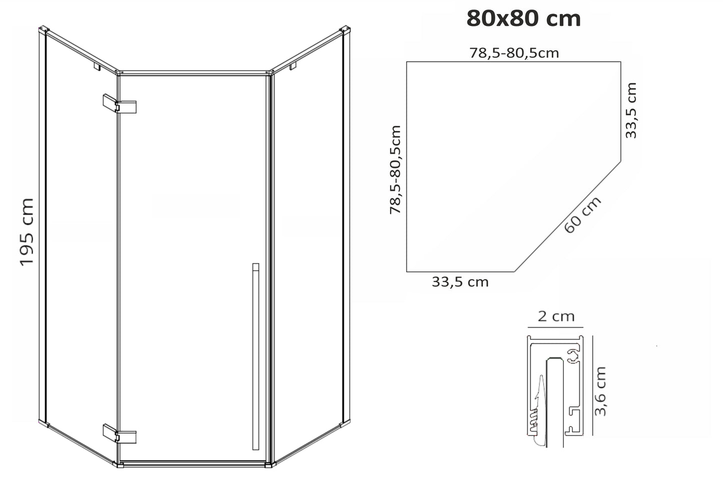 Duschkabine DIAMOND BLACK MAT 80x80 ohne Duschwanne 14