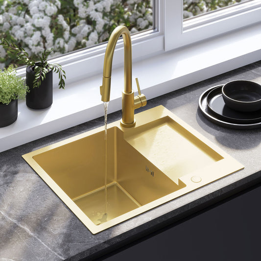 Edelstahlspüle Paul BRUSH GOLD mit Küchenarmatur 1