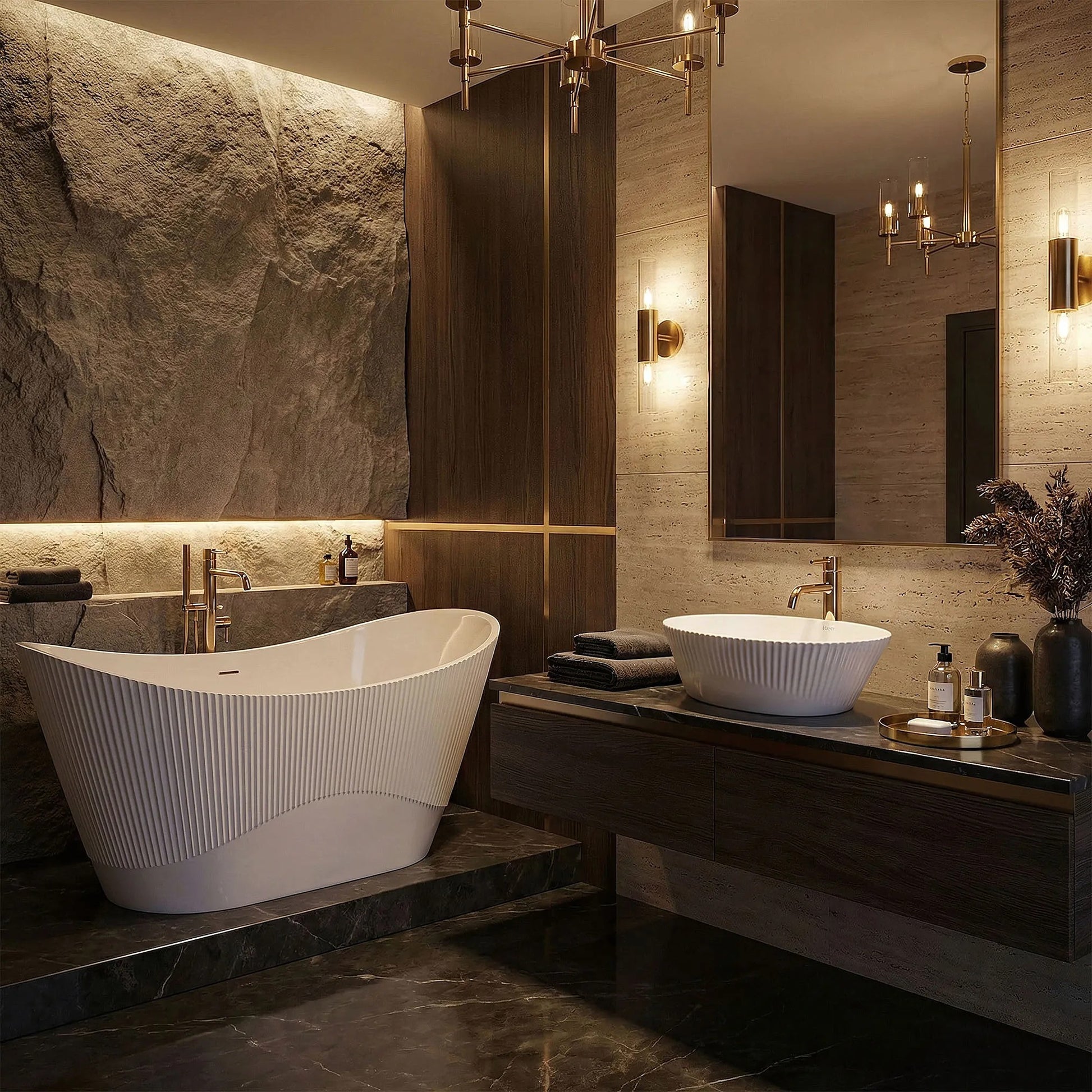 Freistehende Acrylbadewanne ATENA 170 Gebürstete Gold Stöpselabdeckung 6