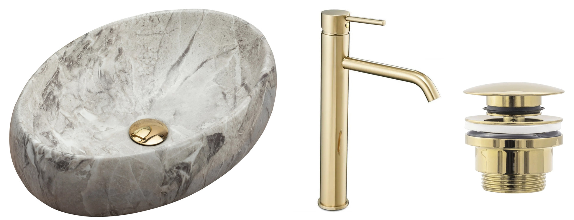 Set Aufsatzwaschbecken Linda stone + Waschbeckenarmatur Lungo gold + Stöpsel gold  9