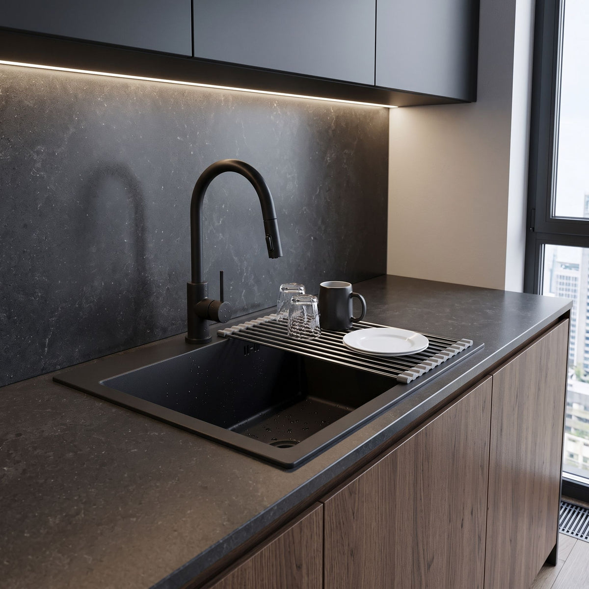 Stahlspüle Mit 3-teiligem Zubehörset REA Leo 50 Black Beige Accessoires 8