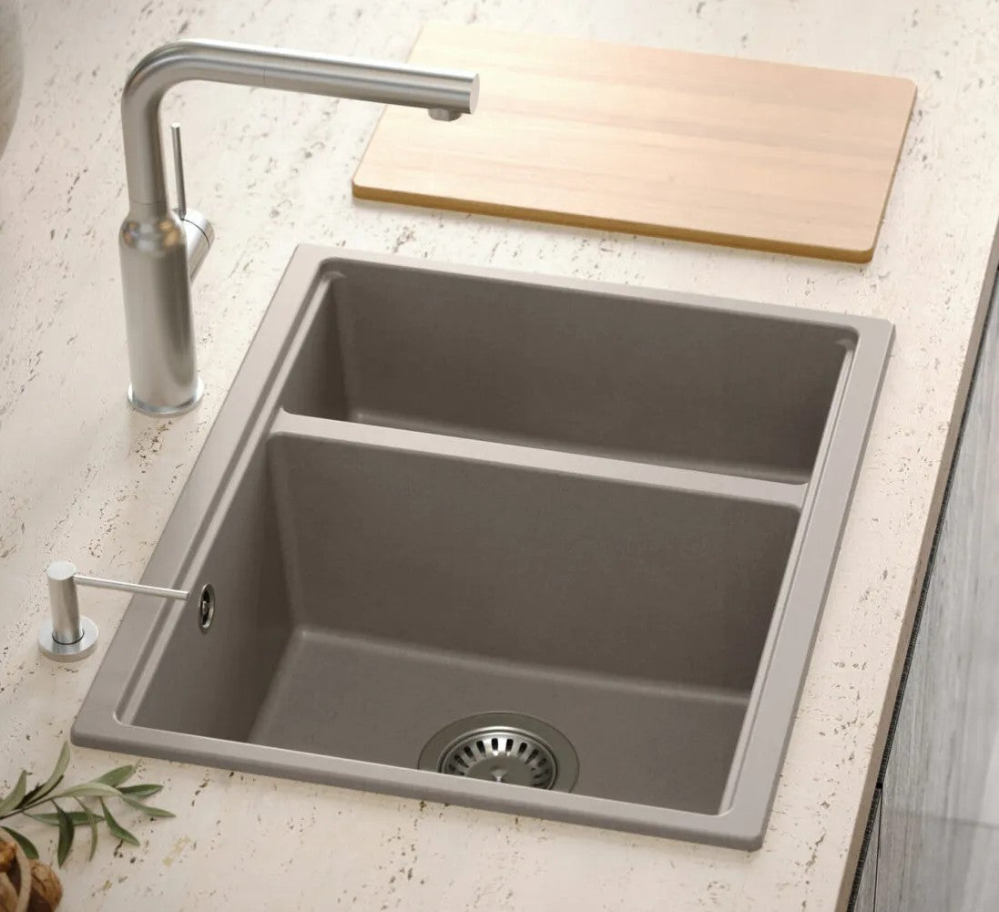 Granitspülbecken Logan 150 Beige Stöpsel Gebürsteter Nickel 7