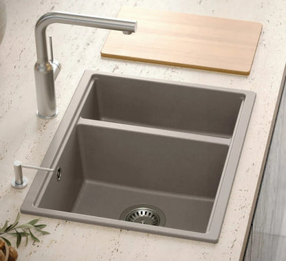 Granitspülbecken Logan 150 Beige Stöpsel Gebürsteter Nickel 7