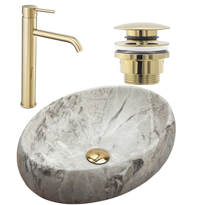 Set Aufsatzwaschbecken Linda stone + Waschbeckenarmatur Lungo gold + Stöpsel gold  1
