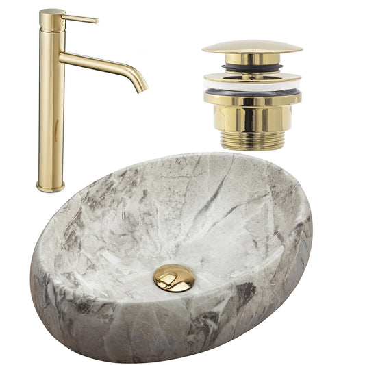 Set Aufsatzwaschbecken Linda stone + Waschbeckenarmatur Lungo gold + Stöpsel gold  1