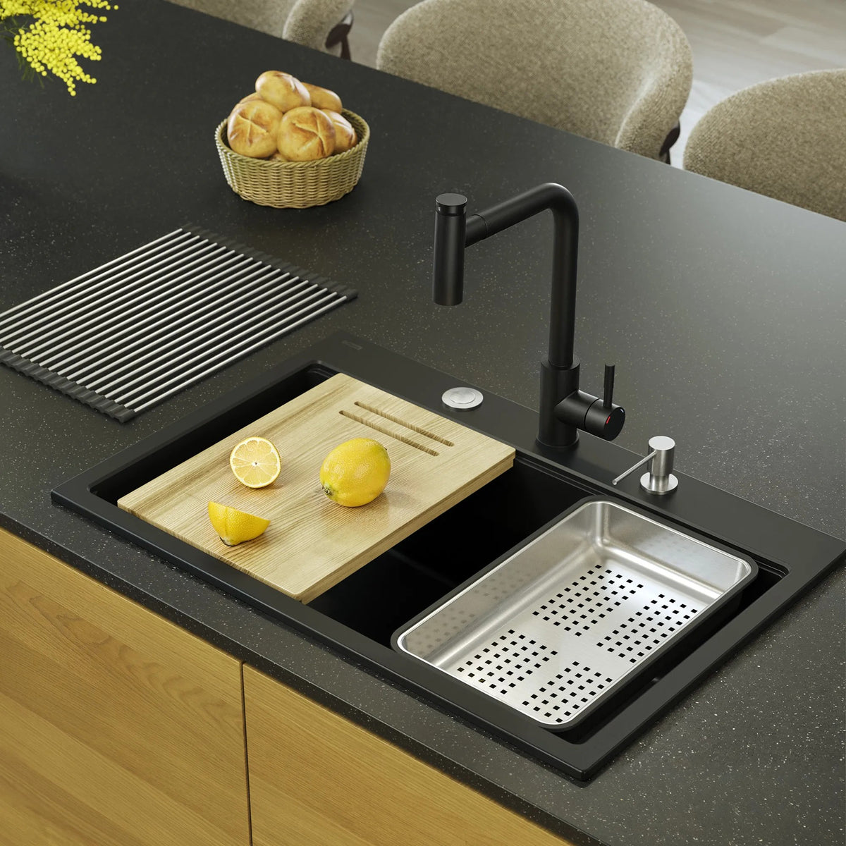 Granitspülbecken MARC 110 WORKSTATION Black Stöpsel Gold 8