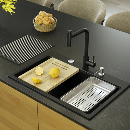 Granitspülbecken MARC 110 WORKSTATION Black Stöpsel Gold 8