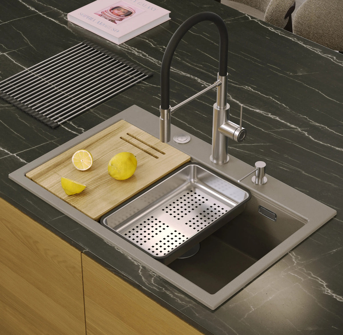 Granitspülbecken MARC 110 WORKSTATION Beige Stöpsel Gold 8