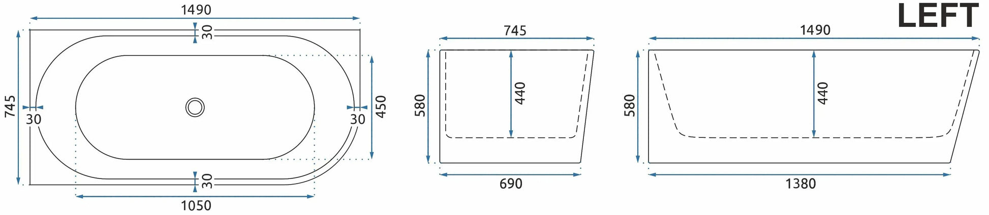 Acryl Eckbadewanne SYDNEY BELLANTO LEFT 150cm Gebürstete Gold Stöpselabdeckung 8