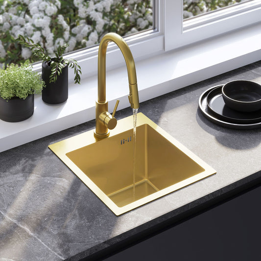 Edelstahlspüle Leo 40 BRUSH GOLD mit Küchenarmatur 1