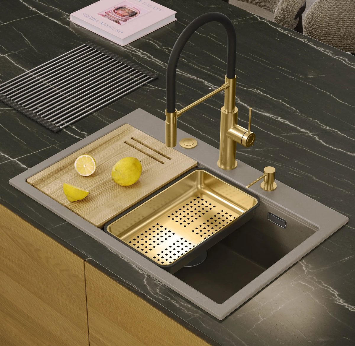 Granitspülbecken MARC 110 WORKSTATION Beige Stöpsel Gold 9