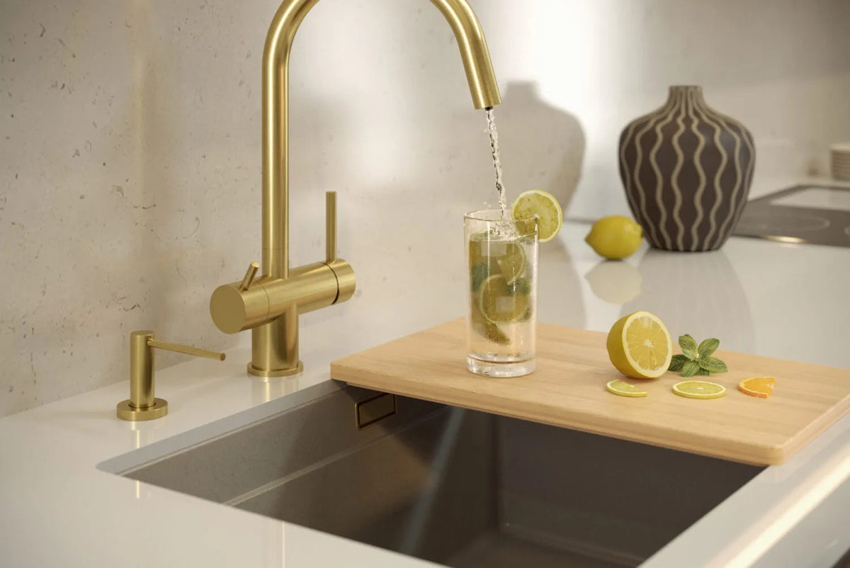 Granitspülbecken Logan 100 Beige Stöpsel Gold 9