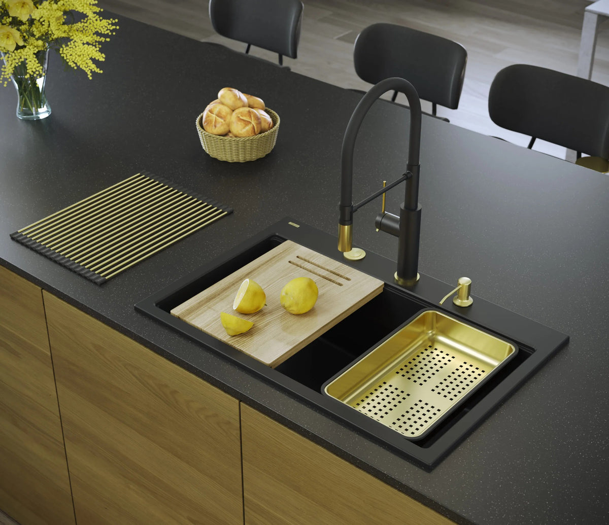 Granitspülbecken MARC 110 WORKSTATION Black Stöpsel Gold 9