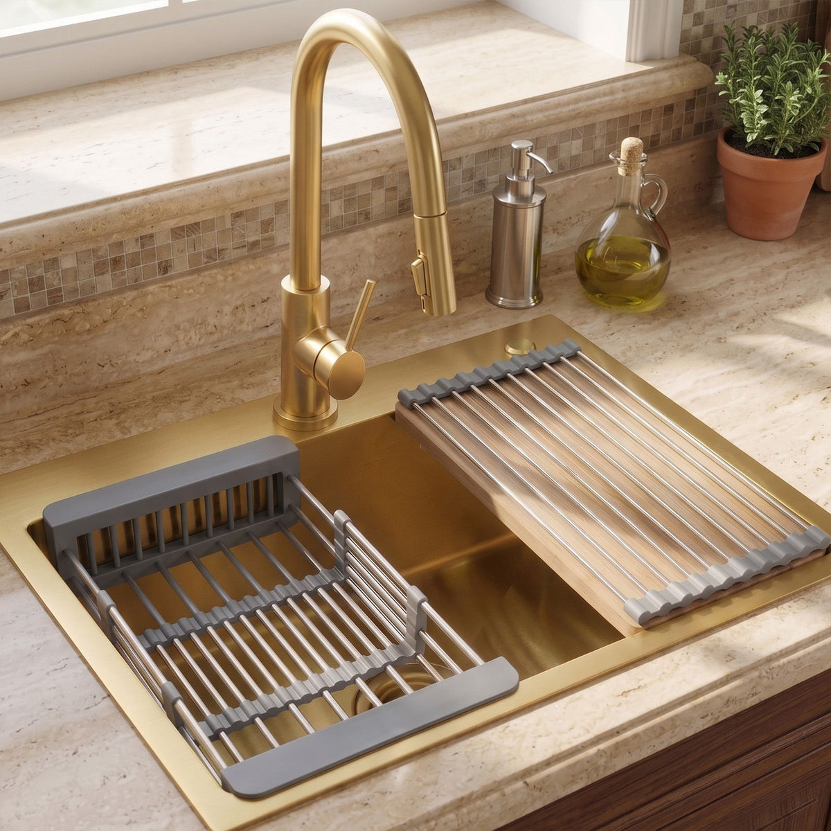 Stahlspüle Mit 3-teiligem Zubehörset REA Liam Brush Gold Graue Accessoires 4