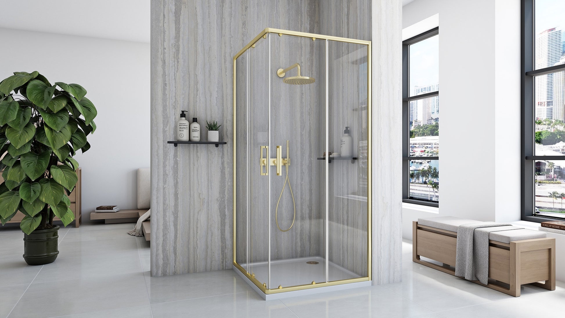 Duschkabine Rea City 80x80 Gold Brush mit Duschwanne Savoy Schwarz 4