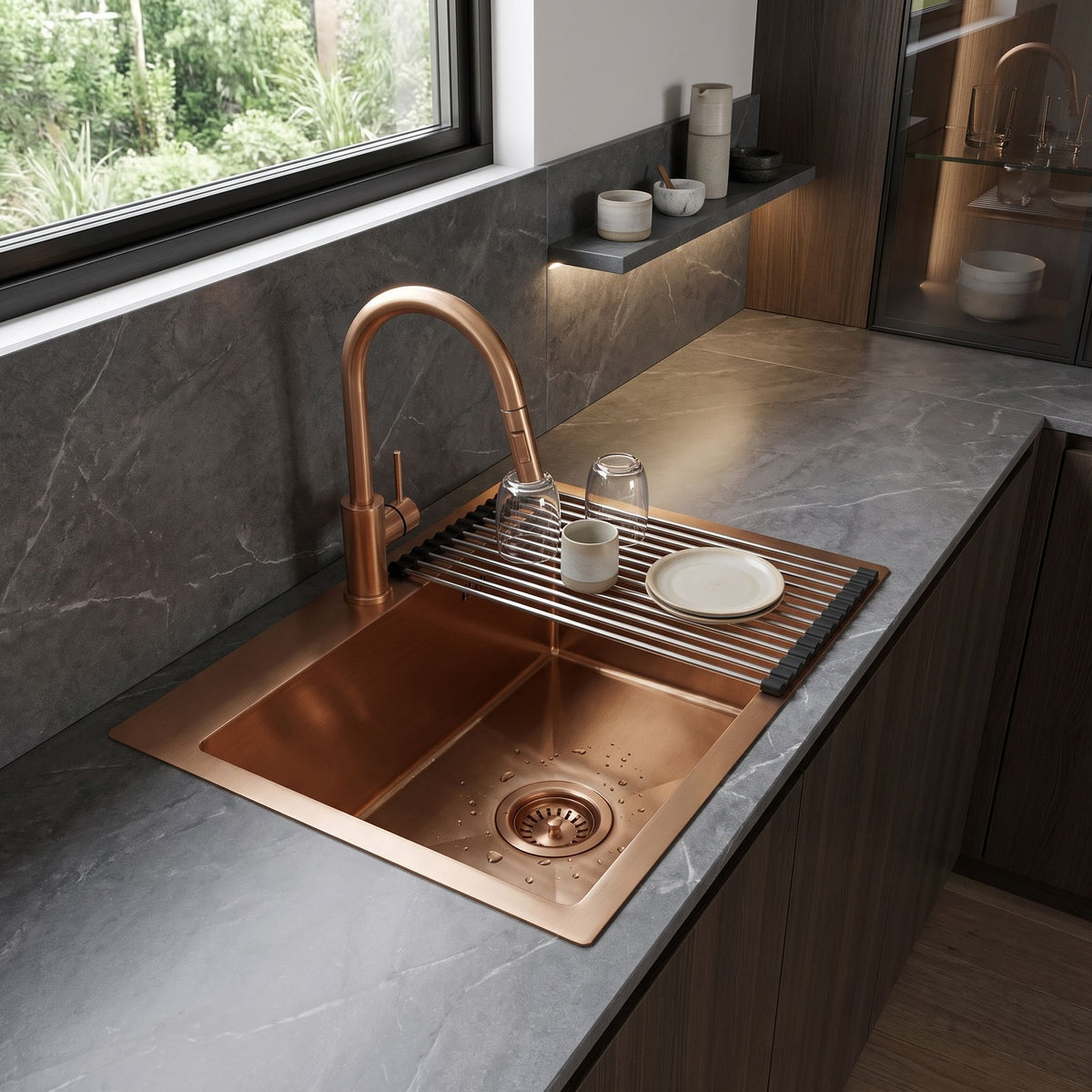 Stahlspüle Mit 3-teiligem Zubehörset REA Leo 50 Brush Copper 3