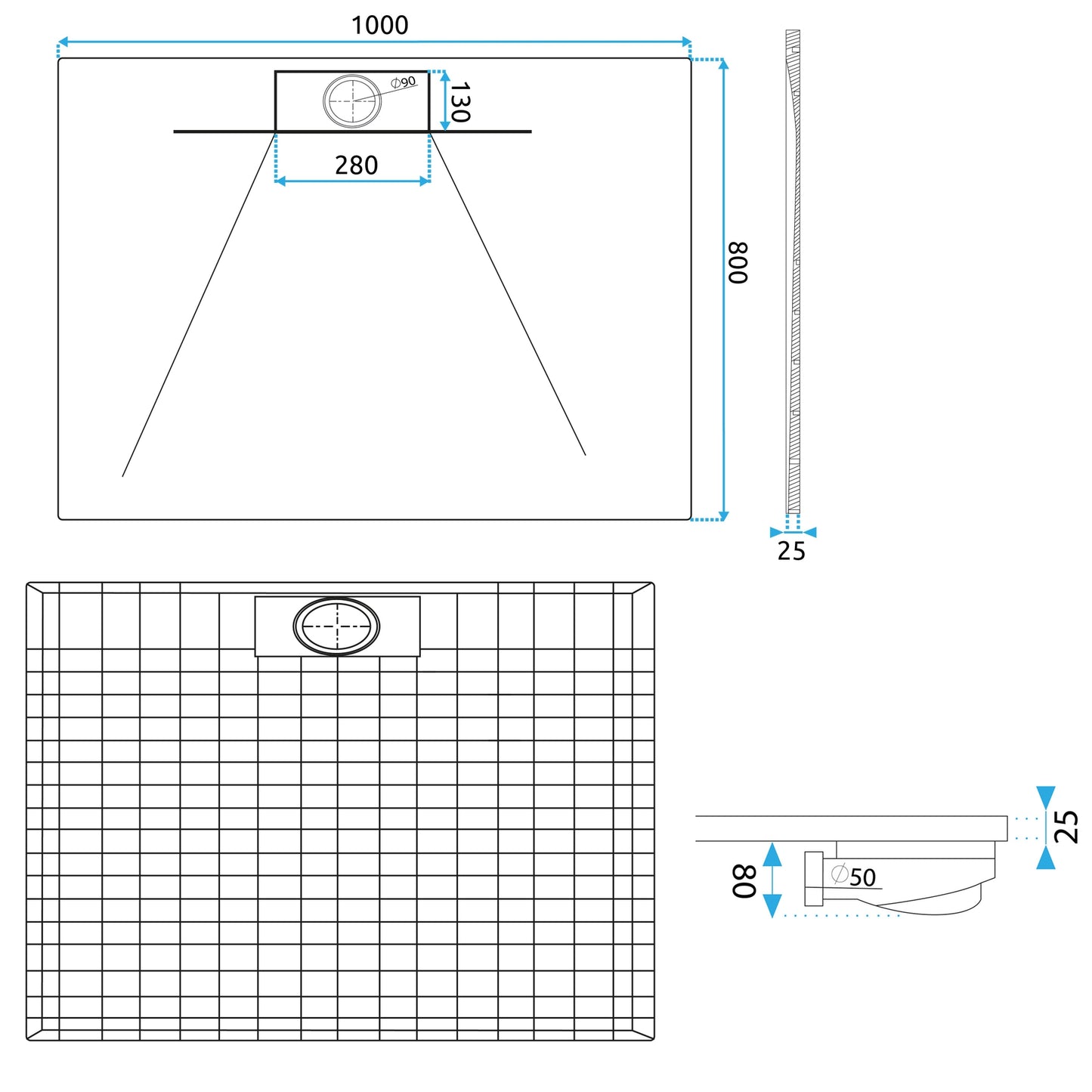 Duschtasse Bazalt Long White 80x100  9